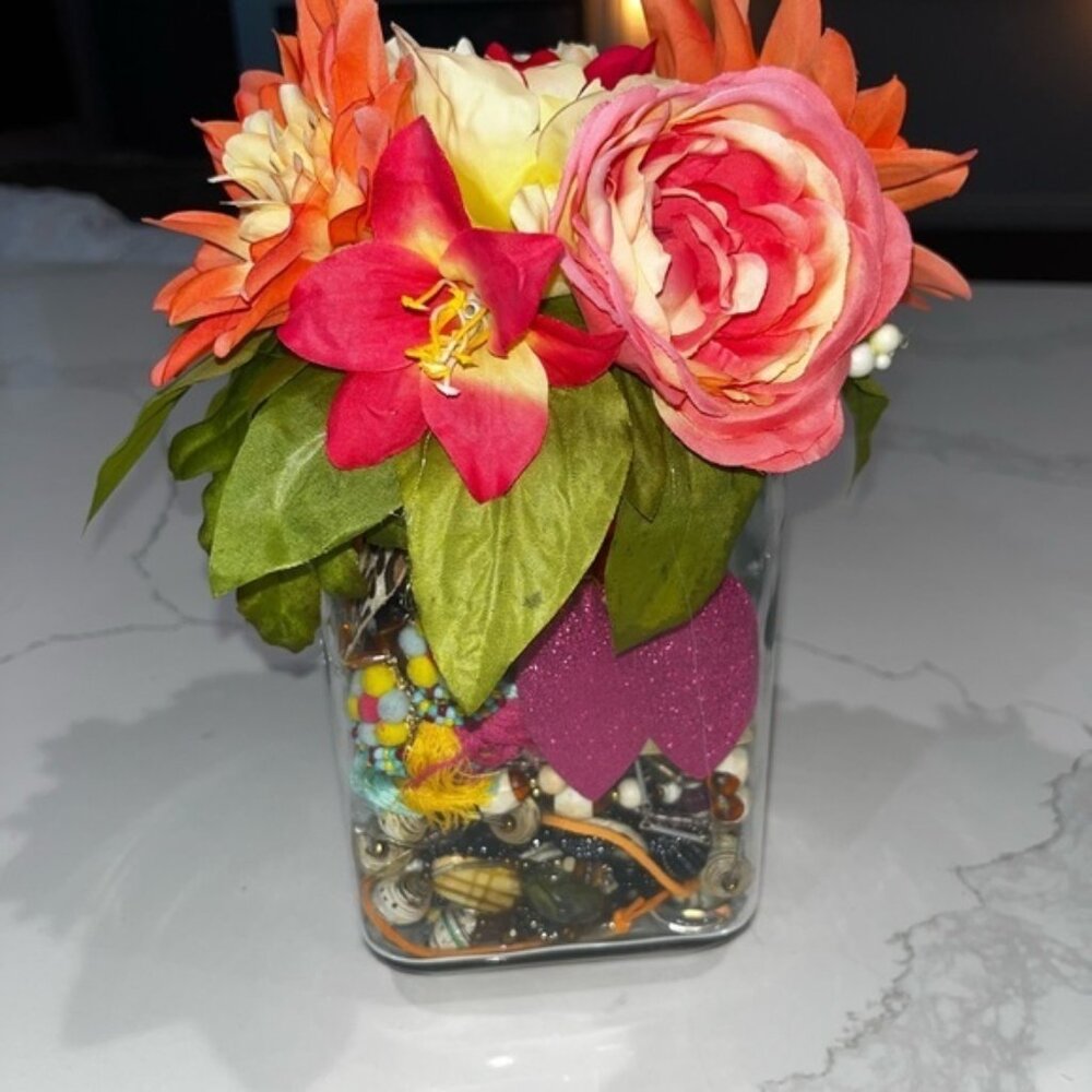 Jewelry Jar Bundle Vibrant Floral Glass Vase Filled With Jewelry